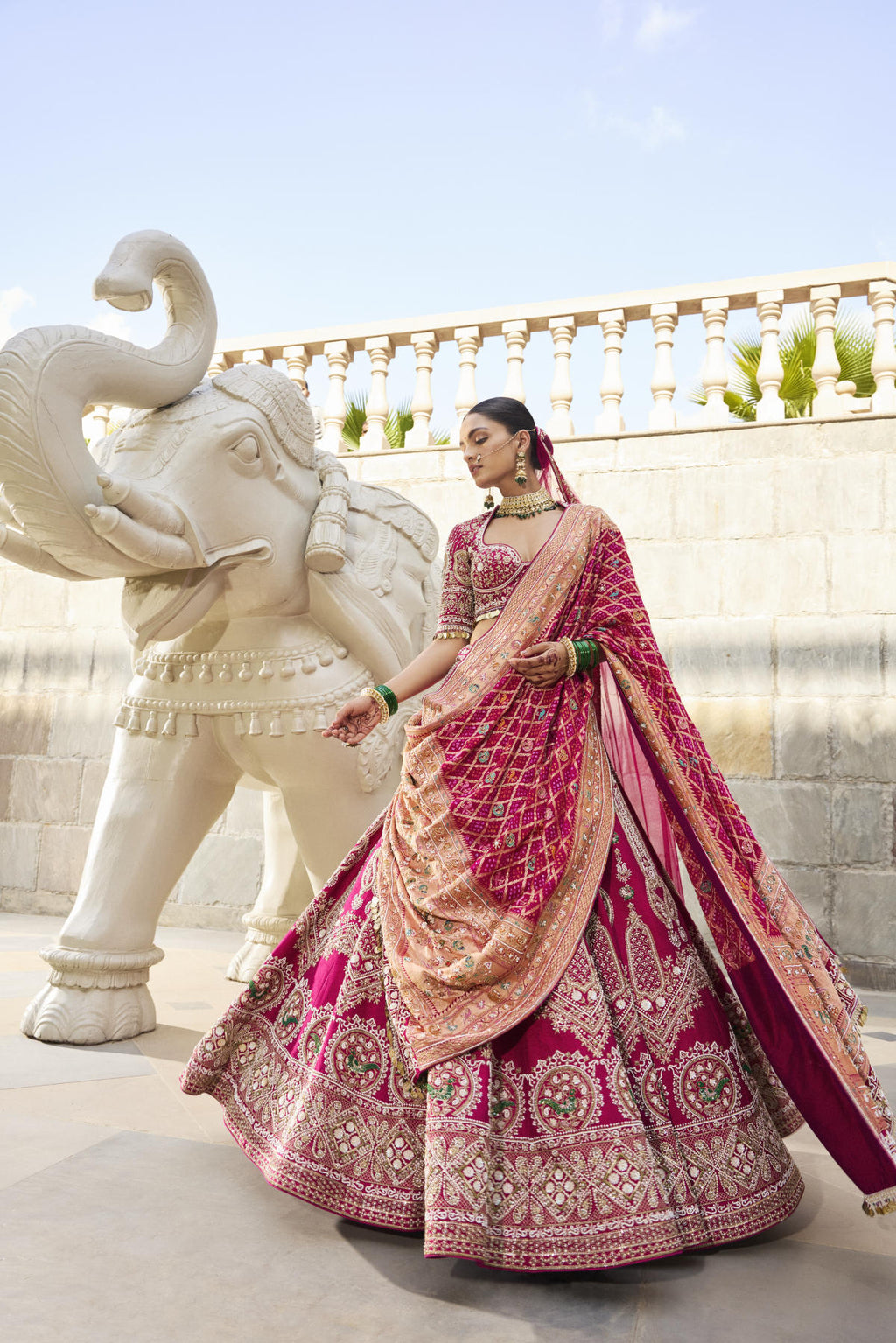 Rani Pink Silk Lehenga Set with Bandhani & Net Dupatta