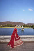 Blood Red Dola Silk & Organza Pearl Embroidered Lehenga Set