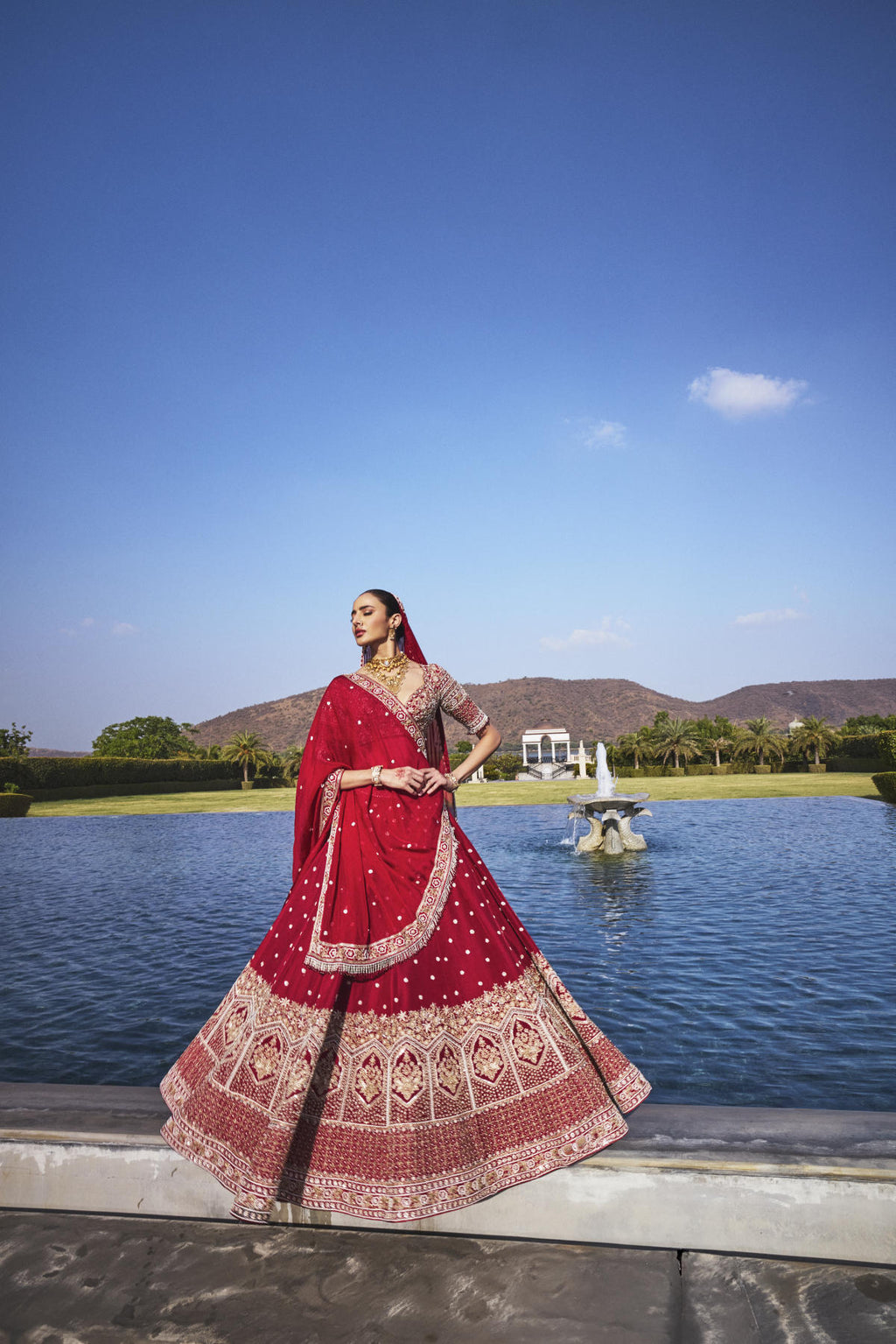 Blood Red Dola Silk & Organza Pearl Embroidered Lehenga Set