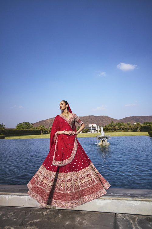 Blood Red Dola Silk & Organza Pearl Embroidered Lehenga Set