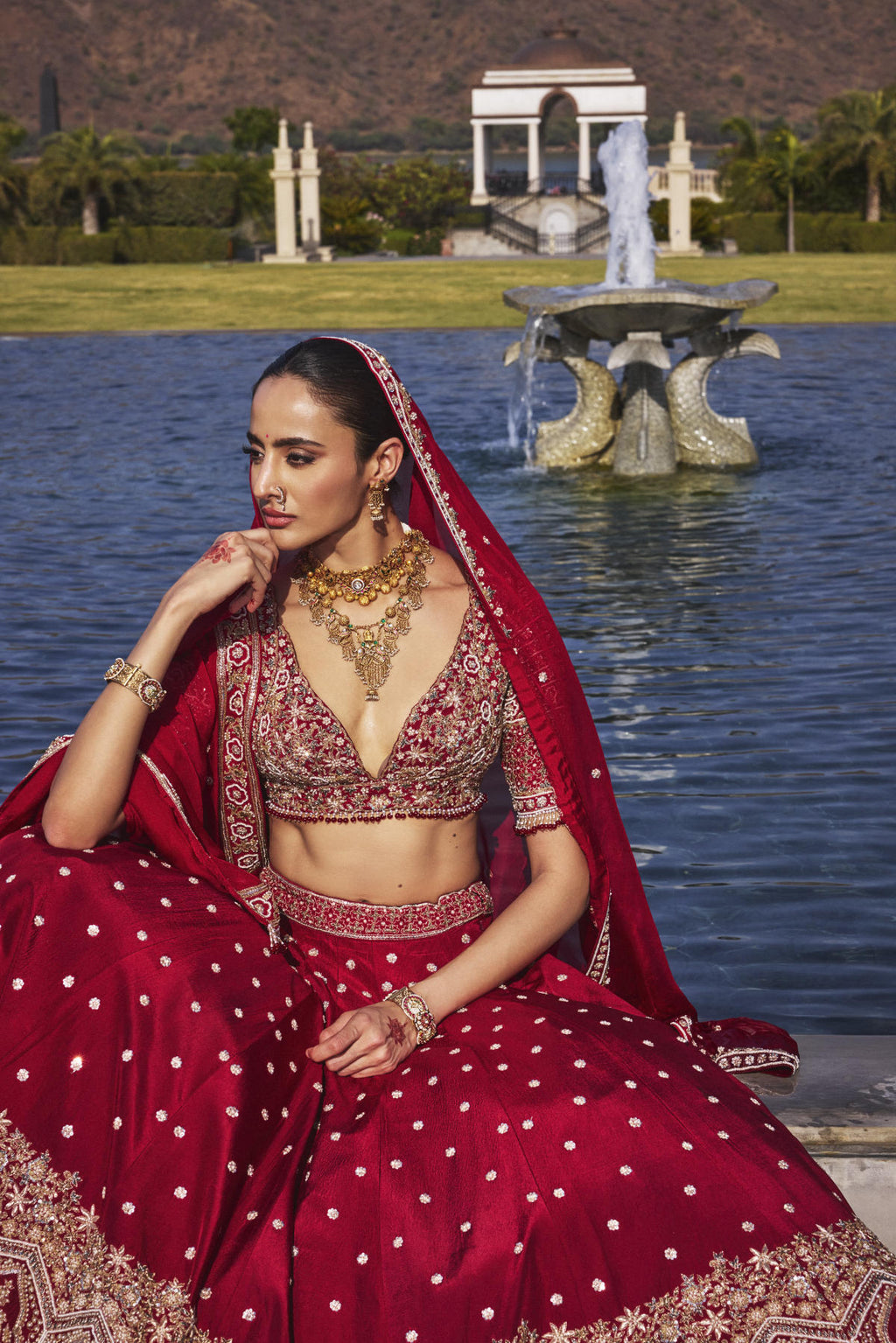 Blood Red Dola Silk & Organza Pearl Embroidered Lehenga Set
