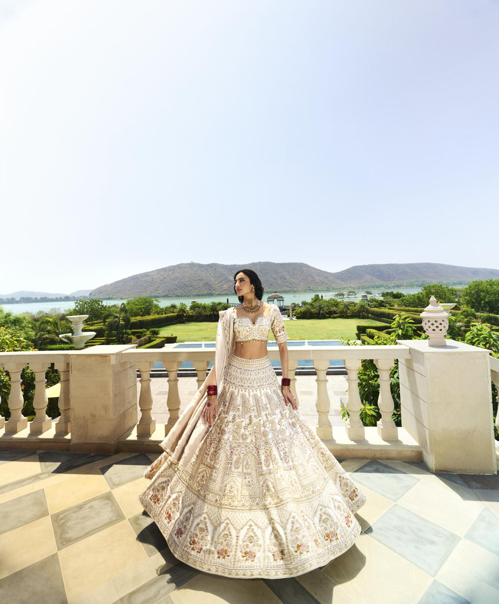 Beige Dola Silk & Tissue Pearl Embroidered Lehenga Set