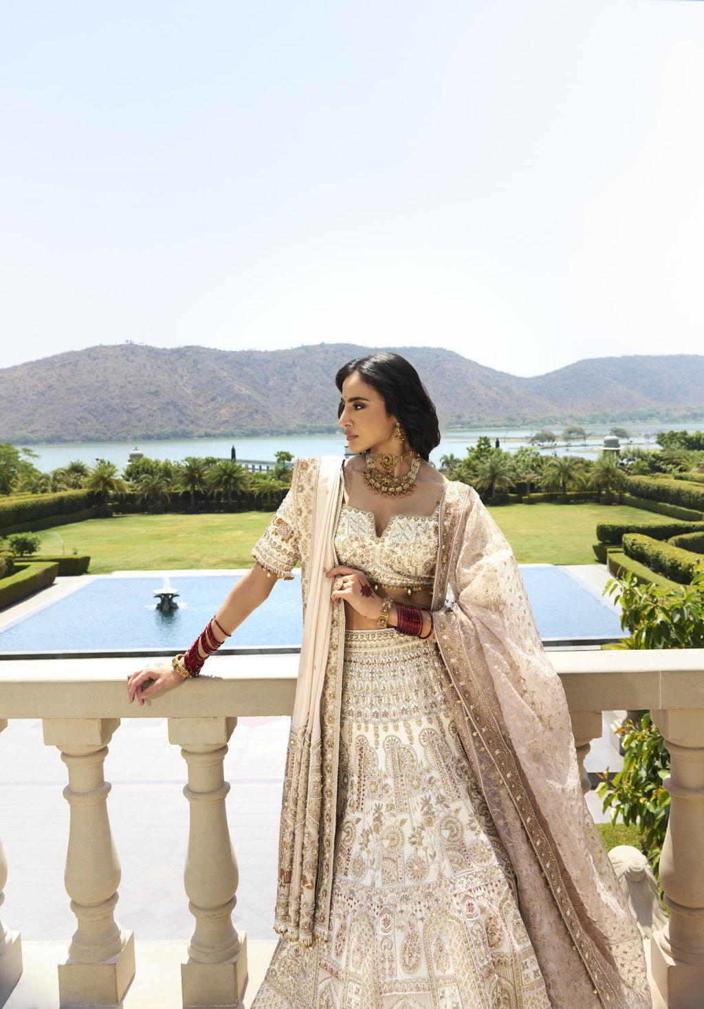 Beige Dola Silk & Tissue Pearl Embroidered Lehenga Set