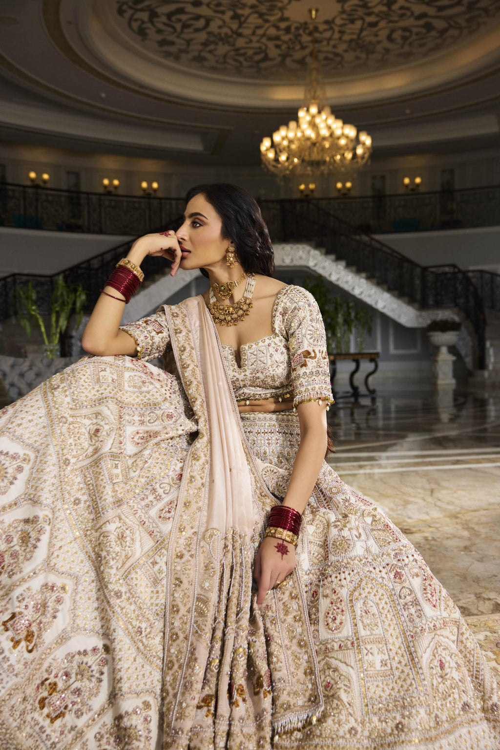 Beige Dola Silk & Tissue Pearl Embroidered Lehenga Set