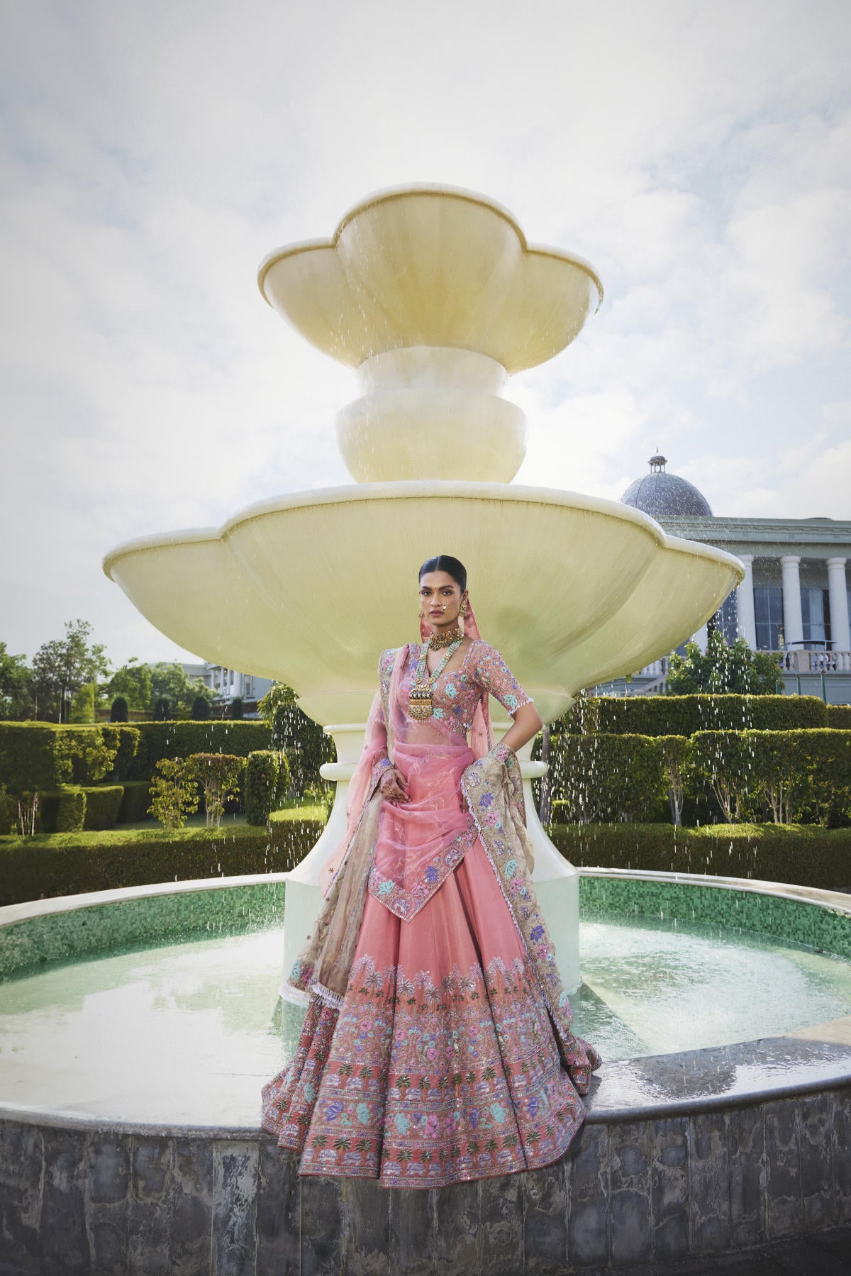 Peach Tissue Lehenga Set with Dual Tissue Organza Dupatta