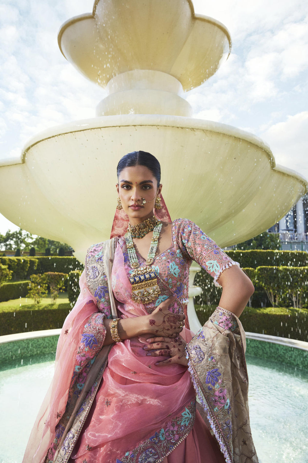 Peach Tissue Lehenga Set with Dual Tissue Organza Dupatta